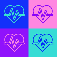 Pop art line Heart rate icon isolated on color background. Heartbeat sign. Heart pulse icon. Cardiogram icon. Vector.