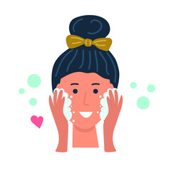 Girl washes her face with foam or gel for washing, hygiene, skin care, beauty every day concept. Flat illustration.