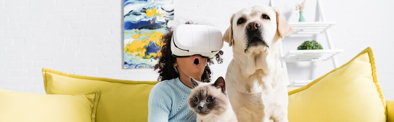Curly african american girl with open mouth wearing vr headset and sitting near retriever and cat...
