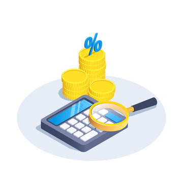 isometric vector image on white background, stack of gold coins and calculator, magnifying glass and percentage