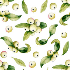 Floral pattern with mistletoe berries and leaves. Seamless pattern for digital paper and fabric. Watercolor llustration on white background.