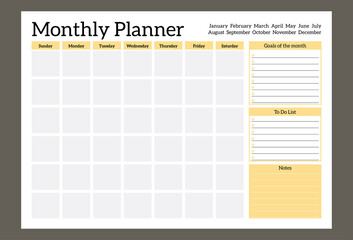 Monthly Planner template, to do list, notes, goals. Schedule for study or work. Abstract clear yellow vector illustration.
 - obrazy, fototapety, plakaty