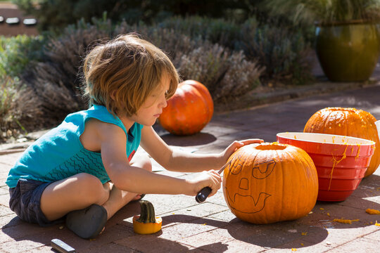 4 year old boy carving a pumpkin