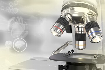 Fototapeta premium Medical study concept, laboratory hi-tech scientific microscope on colorful overlay background - medical 3D illustration