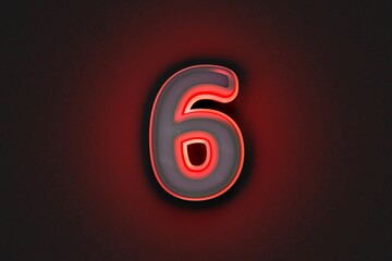 aged grey concrete alphabet with red outline and back light - number 6 isolated on dark grey, 3D illustration of symbols
