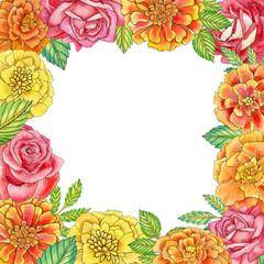 Watercolor marigold and roses flowers square frame. Traditional mexican floral border on white background. Illustration for invitation, postcards, print design template.