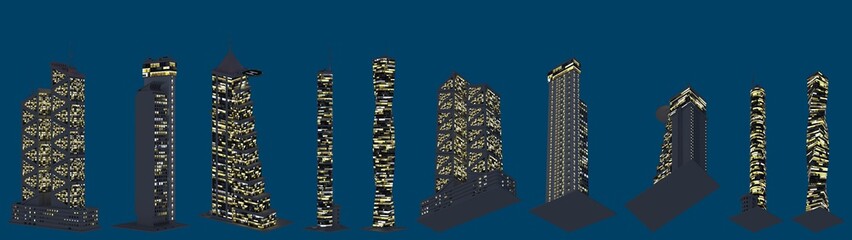 3d illustration of skyscrapers - diffferent fictional buildings at dusk with lights on - isolated on dark blue, top - bottom view
