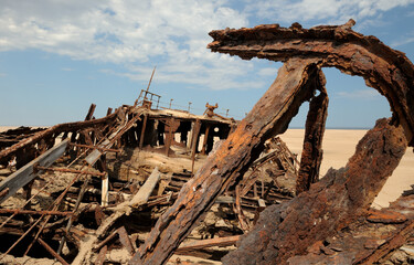 Naklejka premium Rust and deterioration taking its toll on the Eduard Bohlan wreck in the Namib desert since 1909