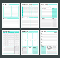 Vector planner pages templates. Daily, weekly, monthly, project, budjet and meal planners. Teal clear simple design.