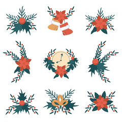 New Year and Christmas traditional wreaths collection. Decorations from berries, spruce branches and bow. Vector illustration.
