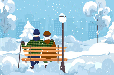 Grandfather and grandmother are sitting on a bench in a winter city park. Adults hug and enjoy the scenery. Vector illustration.
