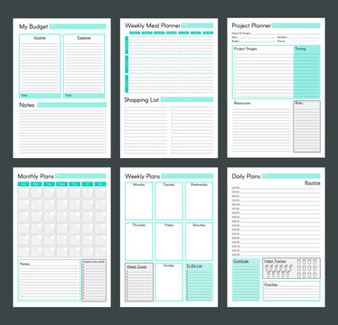 Vector Planner Pages Templates. Daily, Weekly, Monthly, Project, Budjet And Meal Planners. Teal Clear Simple Design.