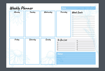 Blue weekly planner, notes, goals and to do list. Blue vector organizer template. - obrazy, fototapety, plakaty