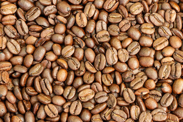 Texture of roasted arabica coffee beans.