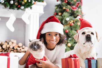 Fototapeta na wymiar cheerful african american girl looking at camera near cat, labrador dog and gift boxes on blurred background