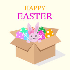 box with easter eggs and pink bunny with text on yellow background