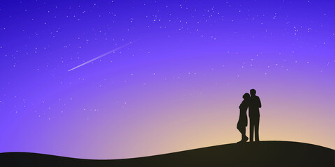 The silhouette of a couple in the night with many stars in the sky. Happy Valentines' Day Concept. Vector illustration.