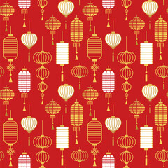 Red Gold chinese lantern outline seamless pattern © Cienpies Design