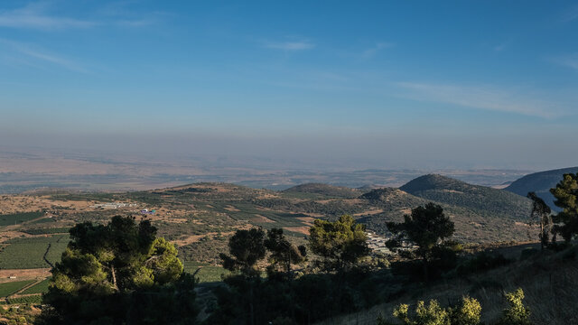 Naftali mountains range with keren naftali mountain, Hula valley, Golan Heights and Mount Hermon as seen from Kibbutz Malkia lookout point, located on iraeli-lebanese border in Upper Galilee, Israel.