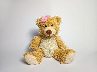 
light brown teddy bear with a pink bow on his head, a soft toy