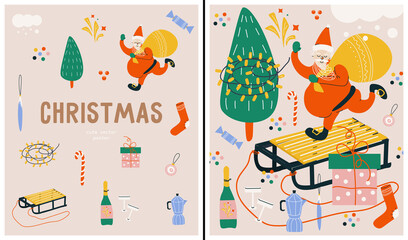 Set of bright Christmas posters with cute vector christmas symbol set. Santa Claus, Christmas tree, toys, sleigh, garland, fireworks, champagne, gifts. Flat new year posters. Merry Christmas.