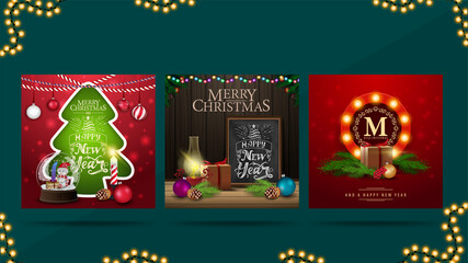 Merry Christmas and Happy New Year, set of square greeting cards ready for print. Bright modern Christmas postcards
