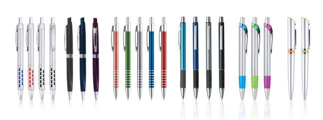 3D illustration of a collection different ball pens in plastic and metal material in mix colors and shapes on white background in vertical composition