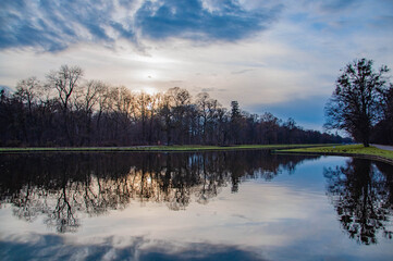 The lake view of Schloß Nymphenburg in Germany.