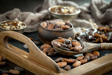 Cocoa beans on an old background.