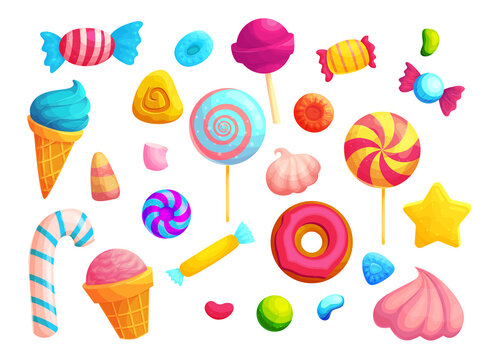 Colorful candies and lollipops cartoon vector illustrations set. Ice cream cone, marshmallow and doughnuts stickers pack. Confectionery products, caramels, desserts design elements collection