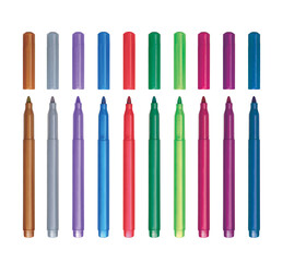 3D illustration of fiber pens, markers in different 10 metallic colors with open top in vertical composition