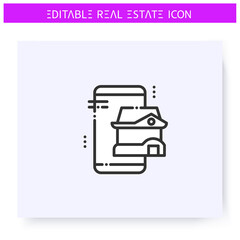 Real estate app line icon. Remote home search. Real estate agency in internet, Housing business concept. Lease home and housing amenities. Isolated vector illustration. Editable stroke
