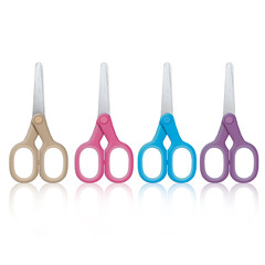 3D illustration of kids scissors in four colors on white background