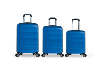 collection of blue hard plastic suitcases with silver handle from different sizes on white background