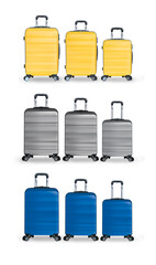 collection of yellow, silver and blue hard plastic suitcases with silver handle from different sizes on white background