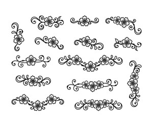 Floral borders and frames with flowers and swirls. Set of decorative elements for holiday greeting card, festive banner, wedding invitation, signage, labels, laser and plotter cutting. Vector template