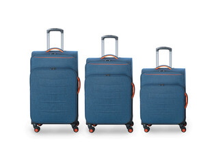 collection of blue soft fabric suitcases with silver handle from different sizes on white background