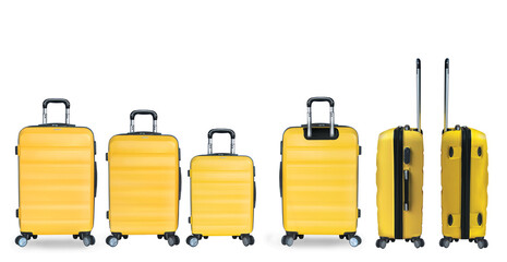 collection of yellow hard plastic suitcases with silver handle from different angles and sizes on white background