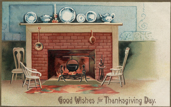 Vintage Thanksgiving Themed Postcard, restored art from before 1925. Colors and details enhanced. Festive Autumn illustrations from the past. Good wishes, brick fireplace.