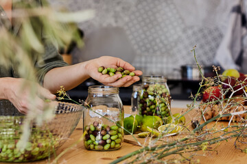 Woman prepares fermented olives in glass jars in the kitchen. Autumn vegetables canning. Healthy homemade food. Conservation of harvest. Soft focus.