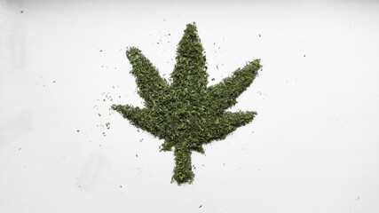 Shredded marijuana on white background going into a leaf of cannabis. Legalization of medical cannabis, smoking weed for relax - obrazy, fototapety, plakaty