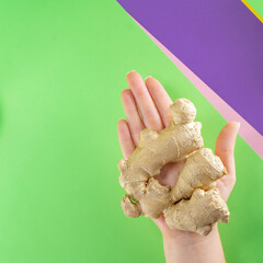 Fruit green apple ginger on colored background hands juice tasty