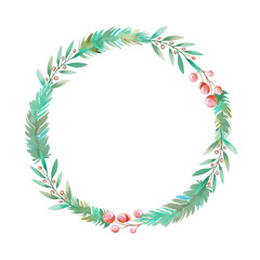 Watercolor illustration of a circle of fir branches, berries. 