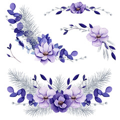 Set of Watercolor Bouquets with Purple Flowers and Silver Christmas Tree Branches