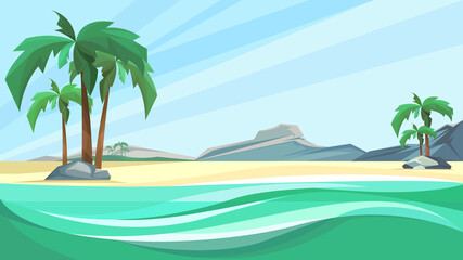 Obraz premium Desert island coast with palms and mountain. Beautiful nature scenery.