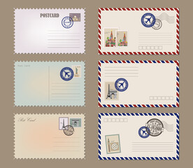 Post card and envelope set. Vintage postcard designs, envelopes and stamps. Realistic old postcard. Vector illustration EPS10 - obrazy, fototapety, plakaty