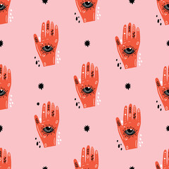 Pink monochrome palm reader psychedelic line art hand with all seeing eye pattern. Cosmic seamless vector repeat pattern.