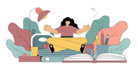 Student girl meditates sitting on books. Relieve stress. Study. Education. Vector illustration.