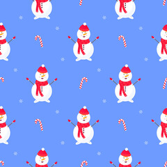 Funny snowman in hat and scarf. Christmas and New Year's seamless pattern