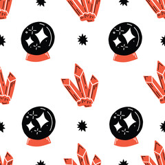 Red and Black monochrome palm reader psychedelic with crystals and fortune ball pattern. Cosmic seamless vector repeat pattern.